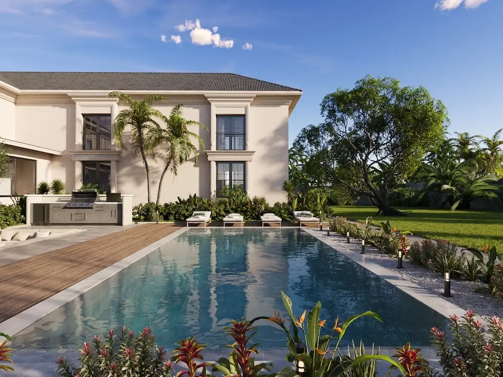 3D rendering Miami luxury villa with pool, tropical landscaping, and South Florida real estate setting