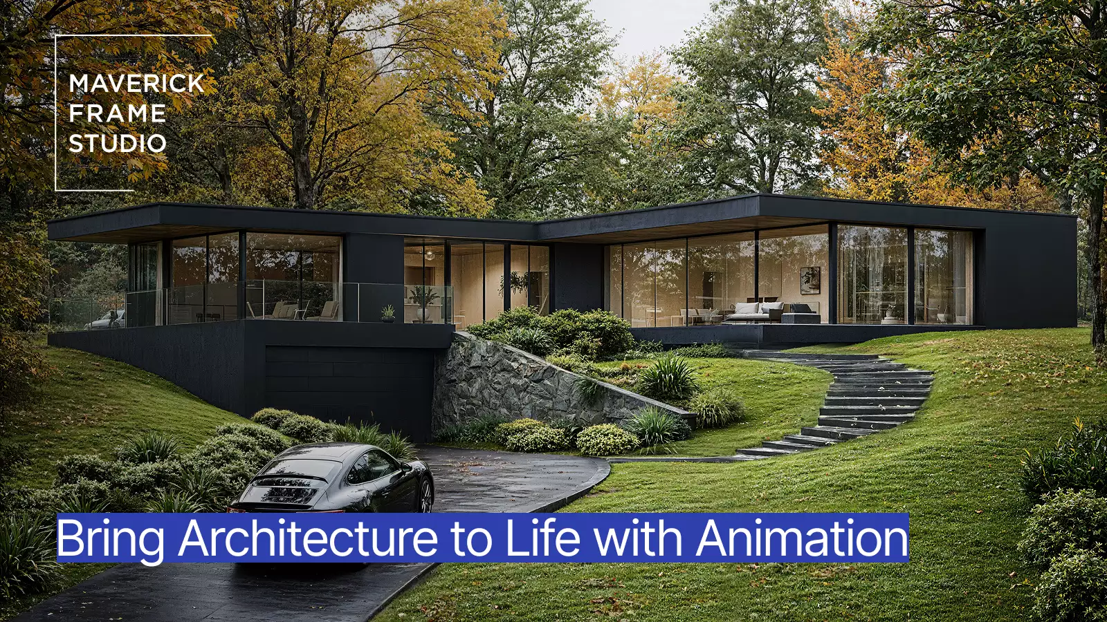 3D Architectural Animation of a modern black house with Maverick Frame Studio and promo text