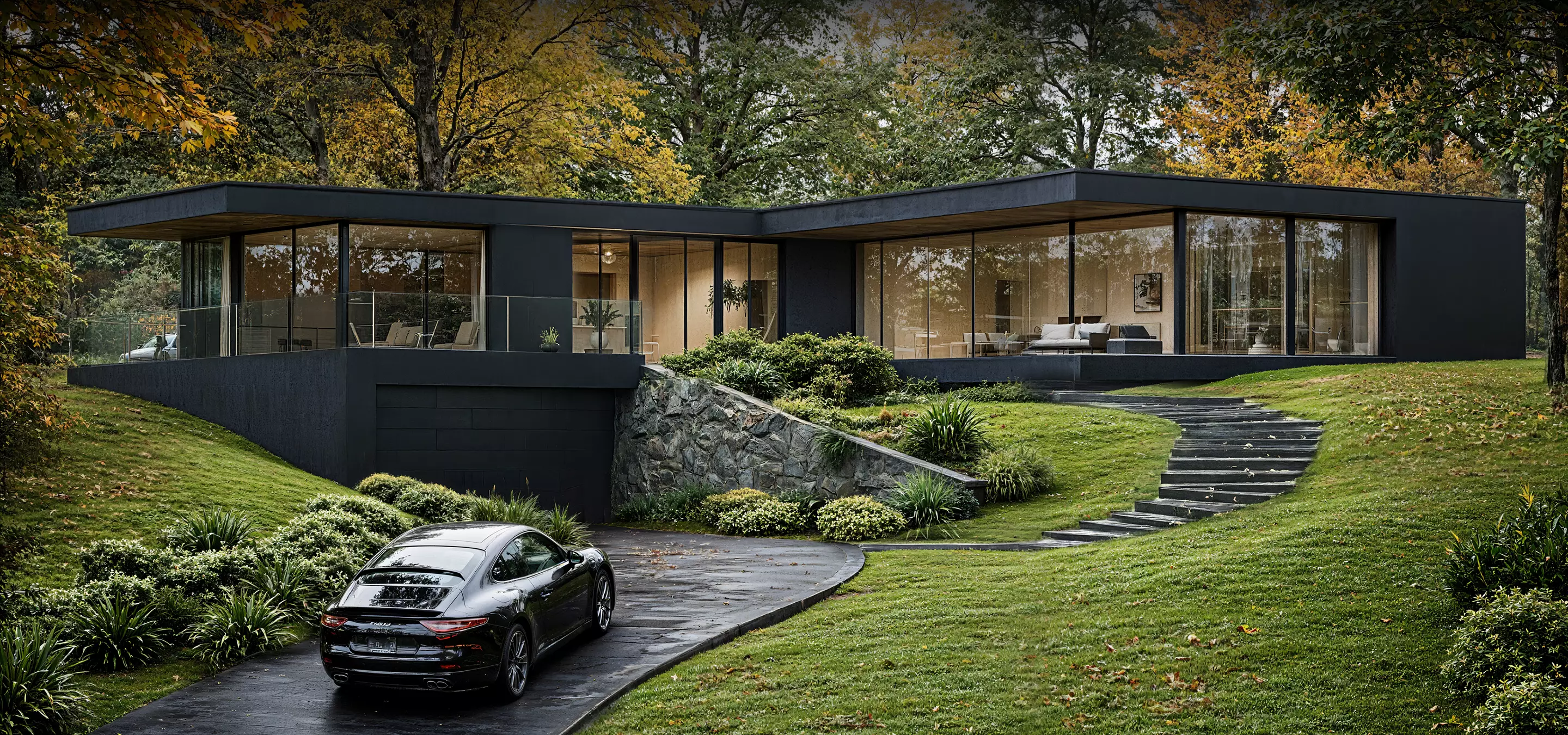 3D Architectural Animation of a modern black glass house with driveway in autumn woods