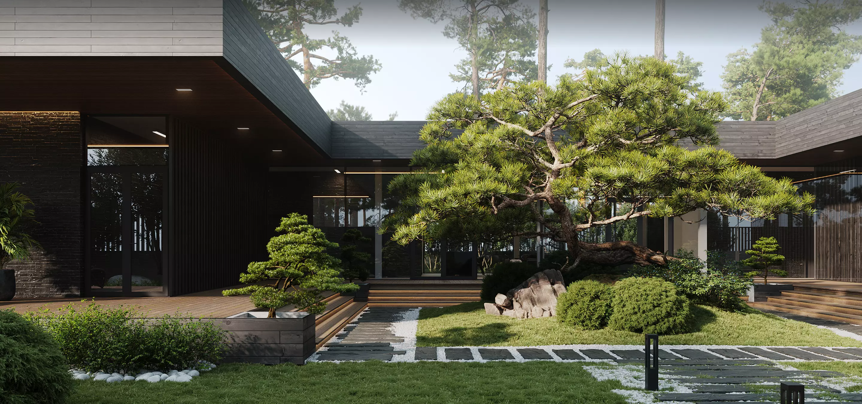 Landscape rendering of a wooded garden with stone path, sculpted pines, and reflecting pool