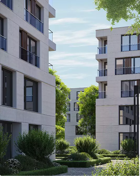 3D architectural exterior rendering for apartment buildings with trees and a green courtyard