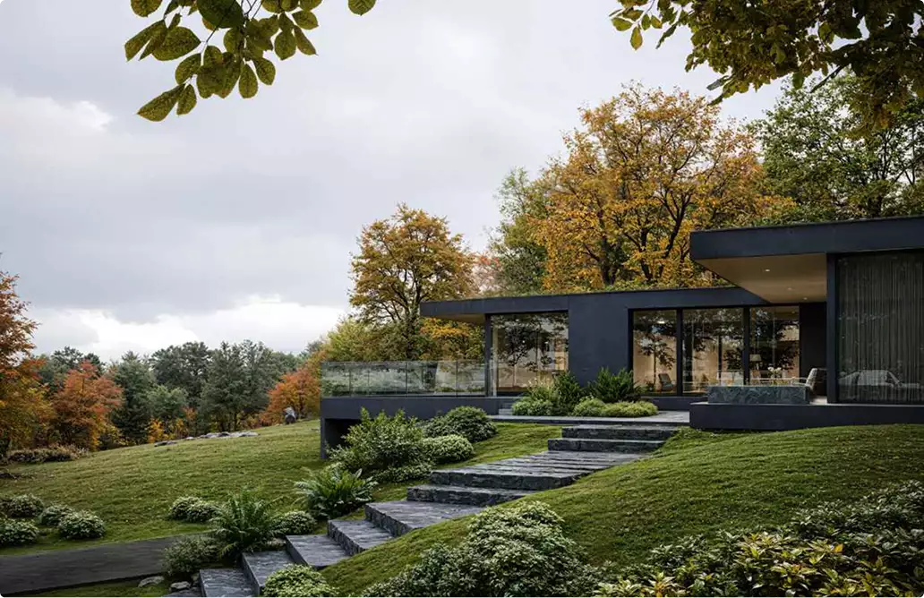 3D architectural exterior rendering for a black modern house on a landscaped hillside in autumn
