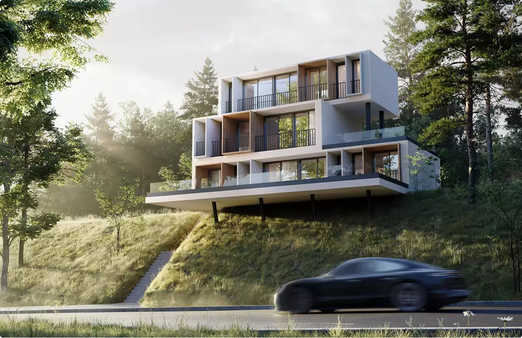 3D architectural exterior rendering for a cantilevered hillside residence above a forest road