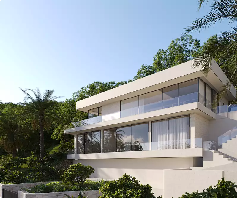 3D architectural exterior rendering for a modern white villa with large windows and palms
