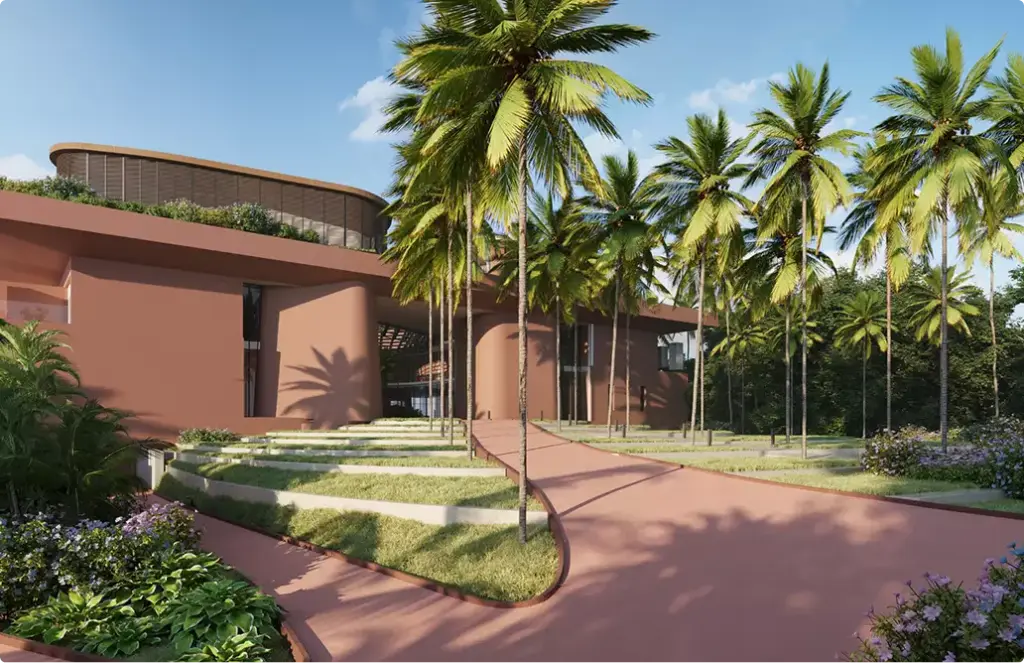 3D architectural exterior rendering for a tropical curved building with palms and terraced lawn