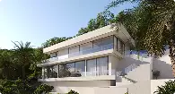 3D architectural exterior rendering for a modern white villa with glass balconies and palms