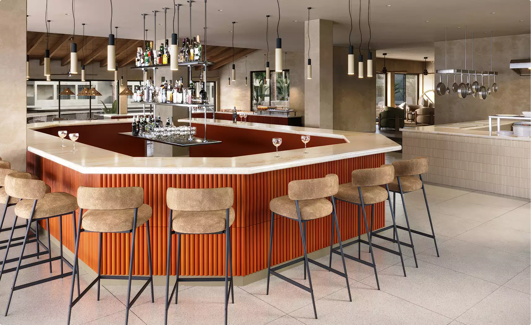 3d architectural rendering of bar counter with stools, hanging lights and open kitchen area