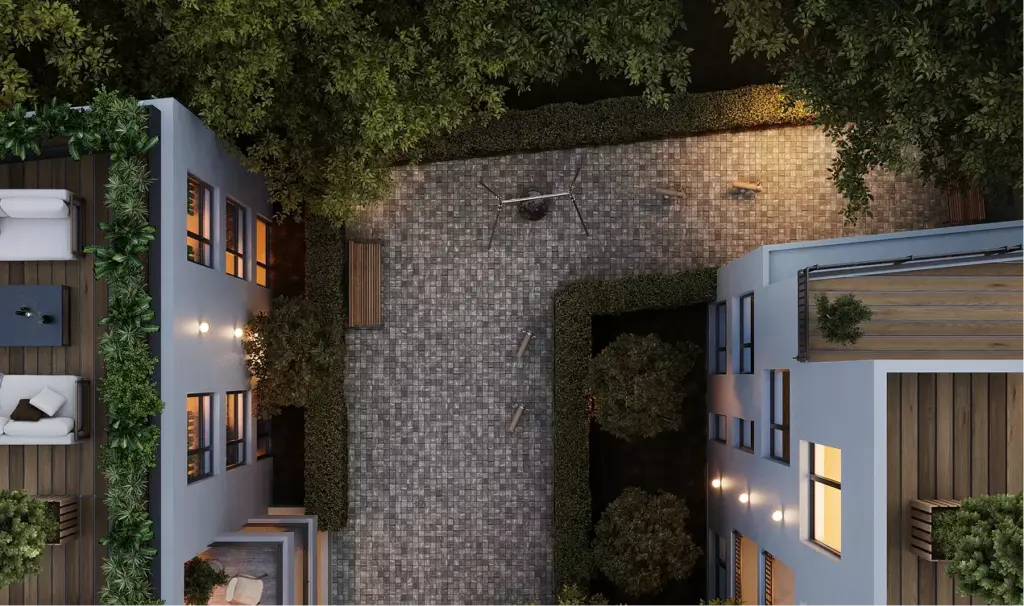 3d architectural rendering for developers aerial view of courtyard with greenery, paths, and building edges