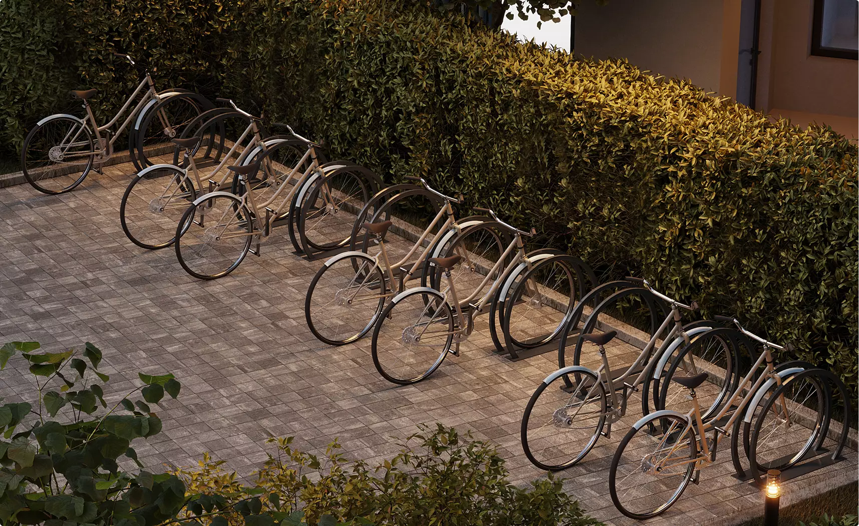 3d architectural rendering for developers of bicycles parked along hedge on paved courtyard path