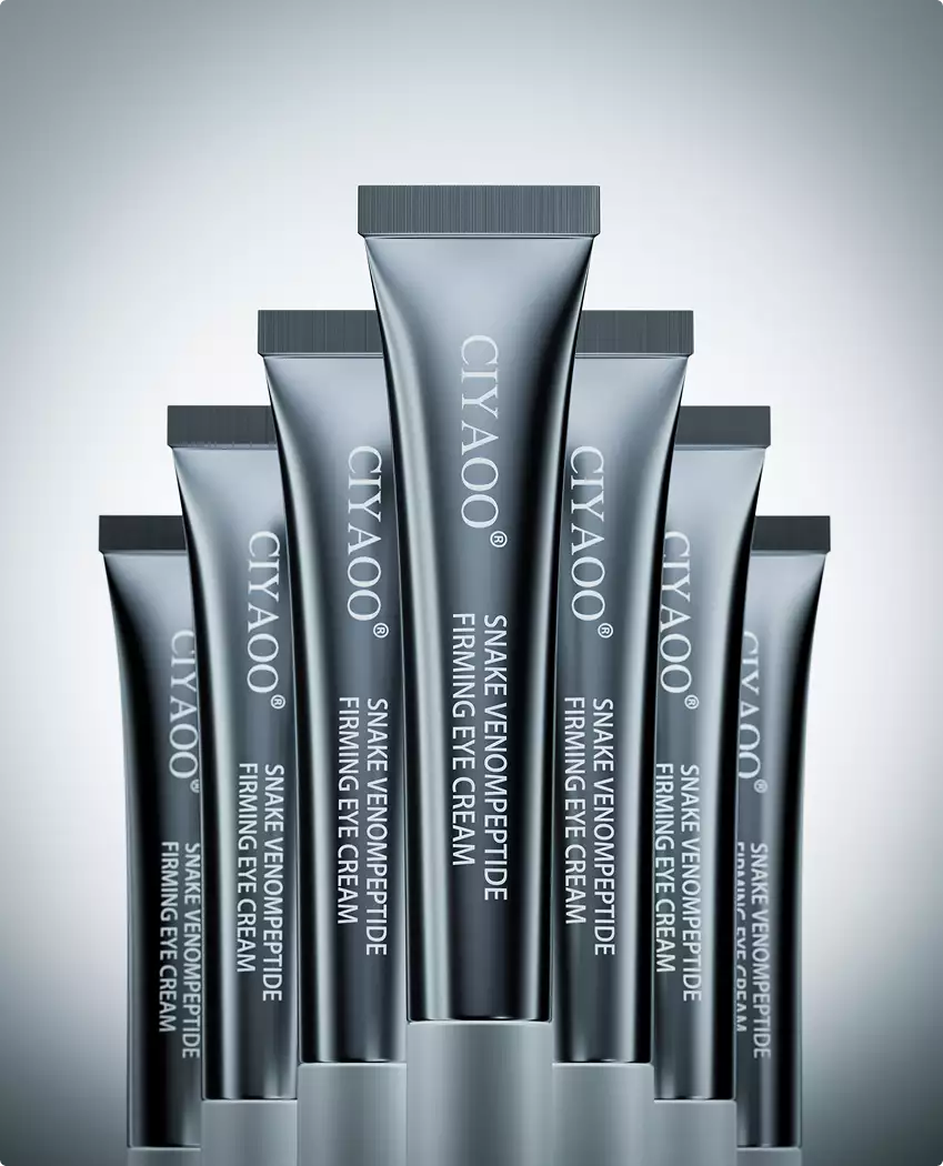 3d cosmetic multiple eye cream tubes arranged in symmetrical display with metallic finish