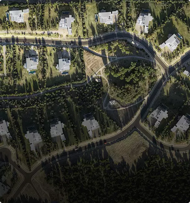 3D exterior design for an aerial housing masterplan with roads, plots, and homes