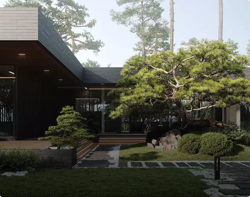 3D exterior design for a courtyard garden with a sculpted pine and stone path