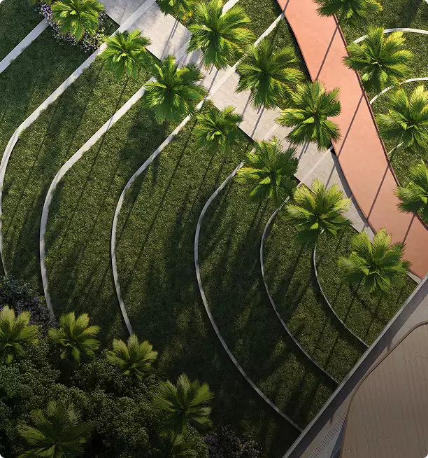 3D exterior design for curved landscape paths with palm trees and long shadows