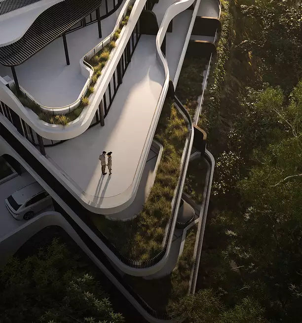 3D exterior design for a stepped terrace building with curved balconies and greenery
