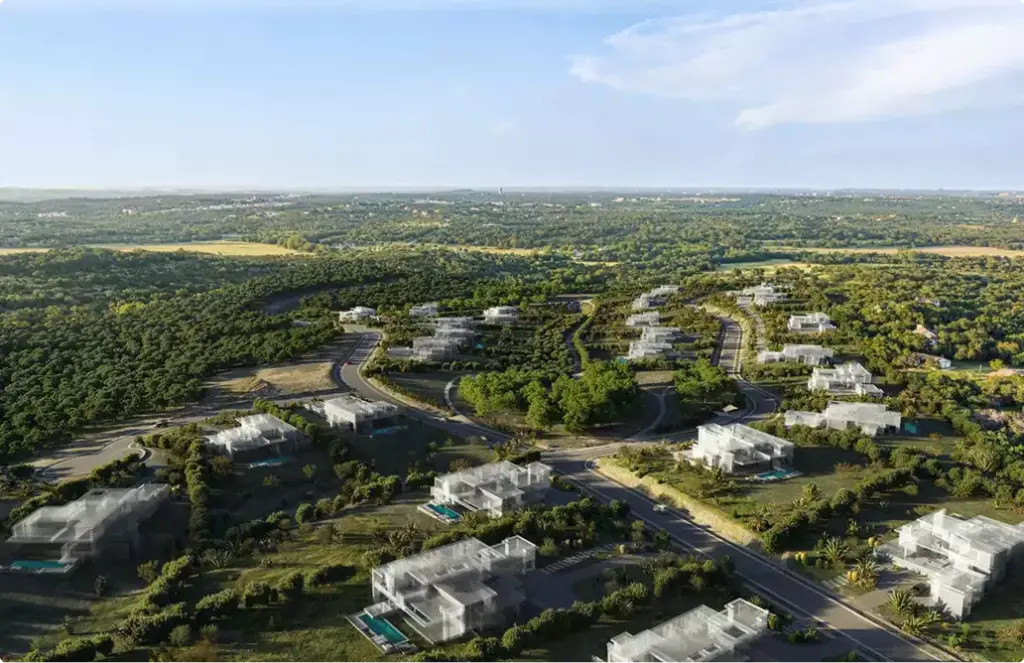 3D exterior rendering services for a large aerial residential development in a green landscape