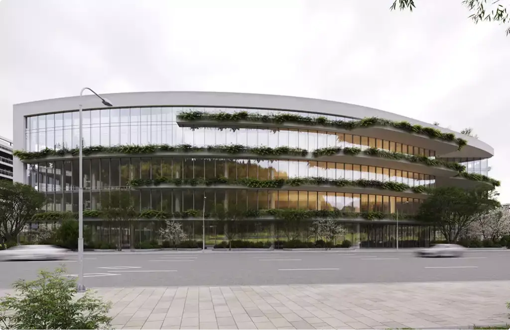 3D exterior rendering services for a curved glass office building with planted terraces