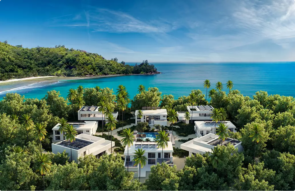 3D exterior rendering services for beachfront villas surrounded by palms and blue ocean