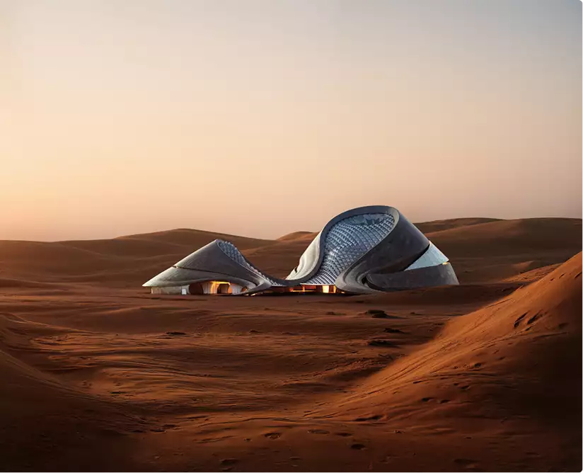 3D exterior rendering services for a futuristic desert building set among dunes at sunset