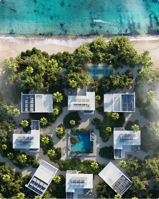 3D exterior rendering services for a tropical villa plan by the beach with pool and palms