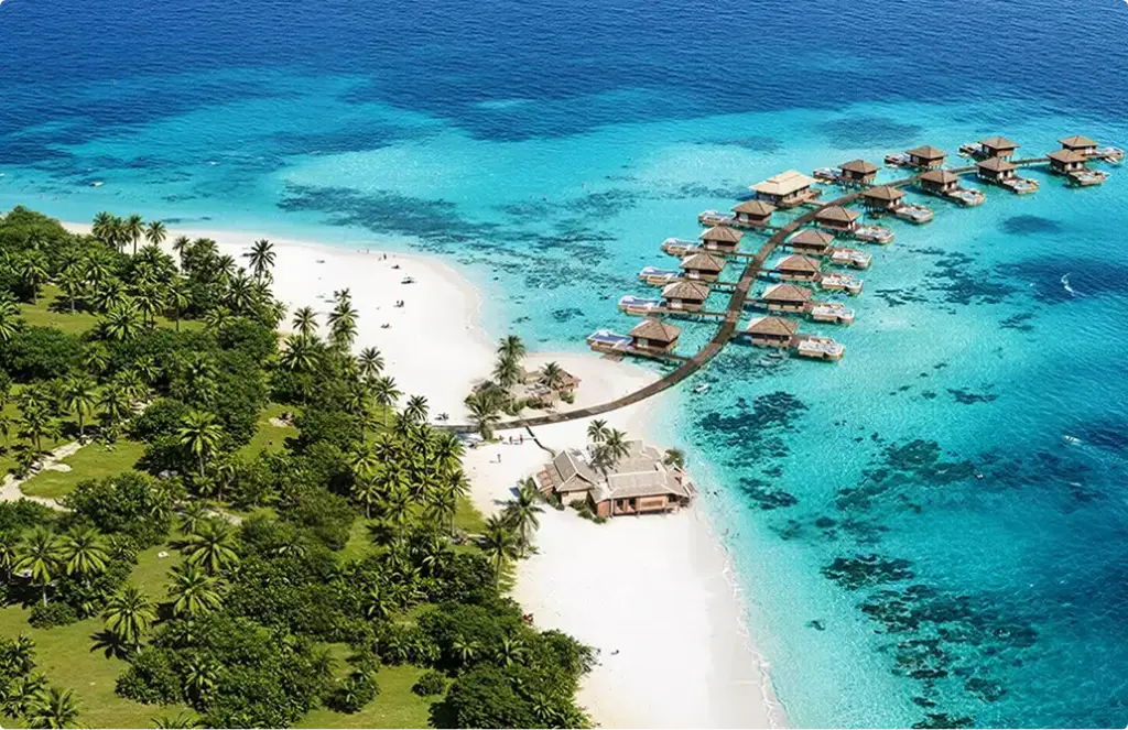 3D exterior visualization services for beachfront villas with turquoise water and palms