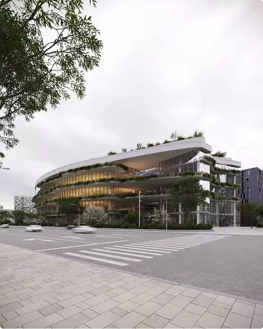 3D exterior visualization services for a curved glass office building with planted terraces