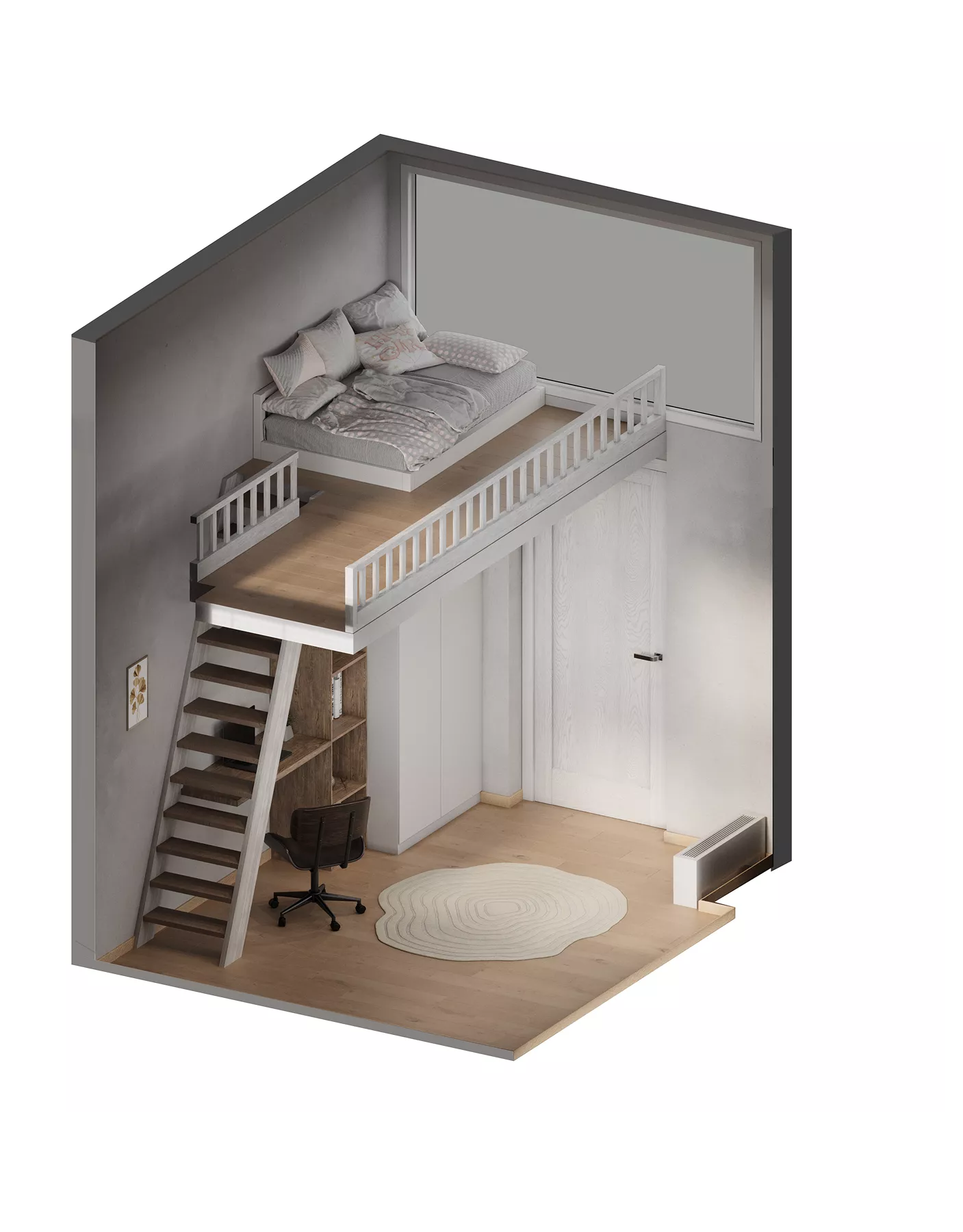3D Floor Plan Rendering Services loft bedroom with stairs, desk, and elevated bed