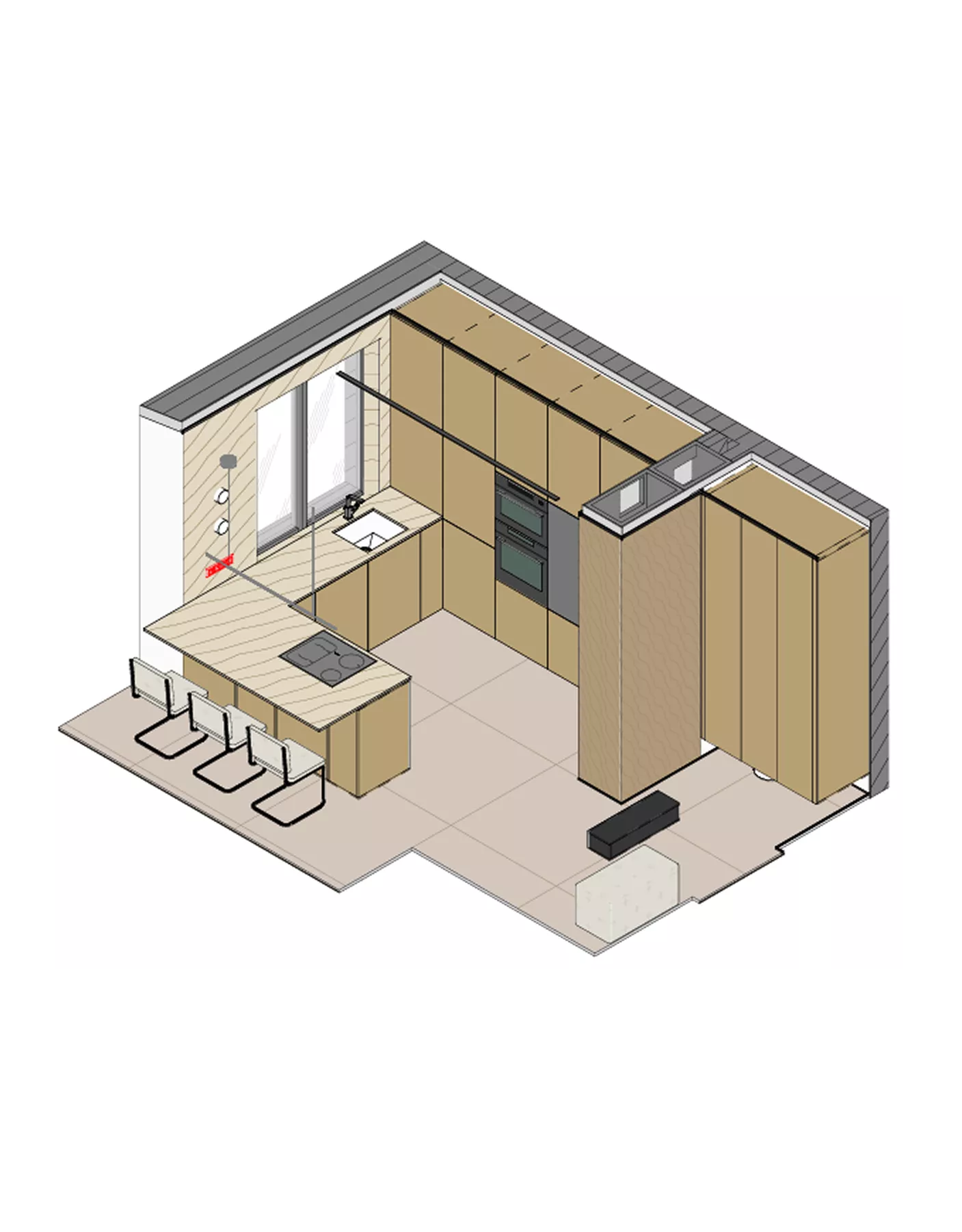 3D Floor Plan Rendering Services isometric kitchen with island seating and wood cabinets