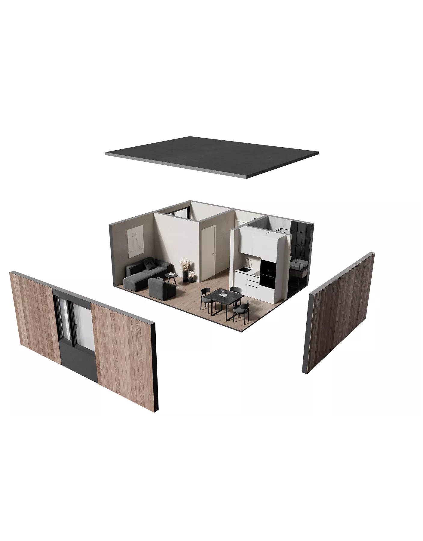 3D Floor Plan Rendering Services exploded studio apartment with dining and bathroom