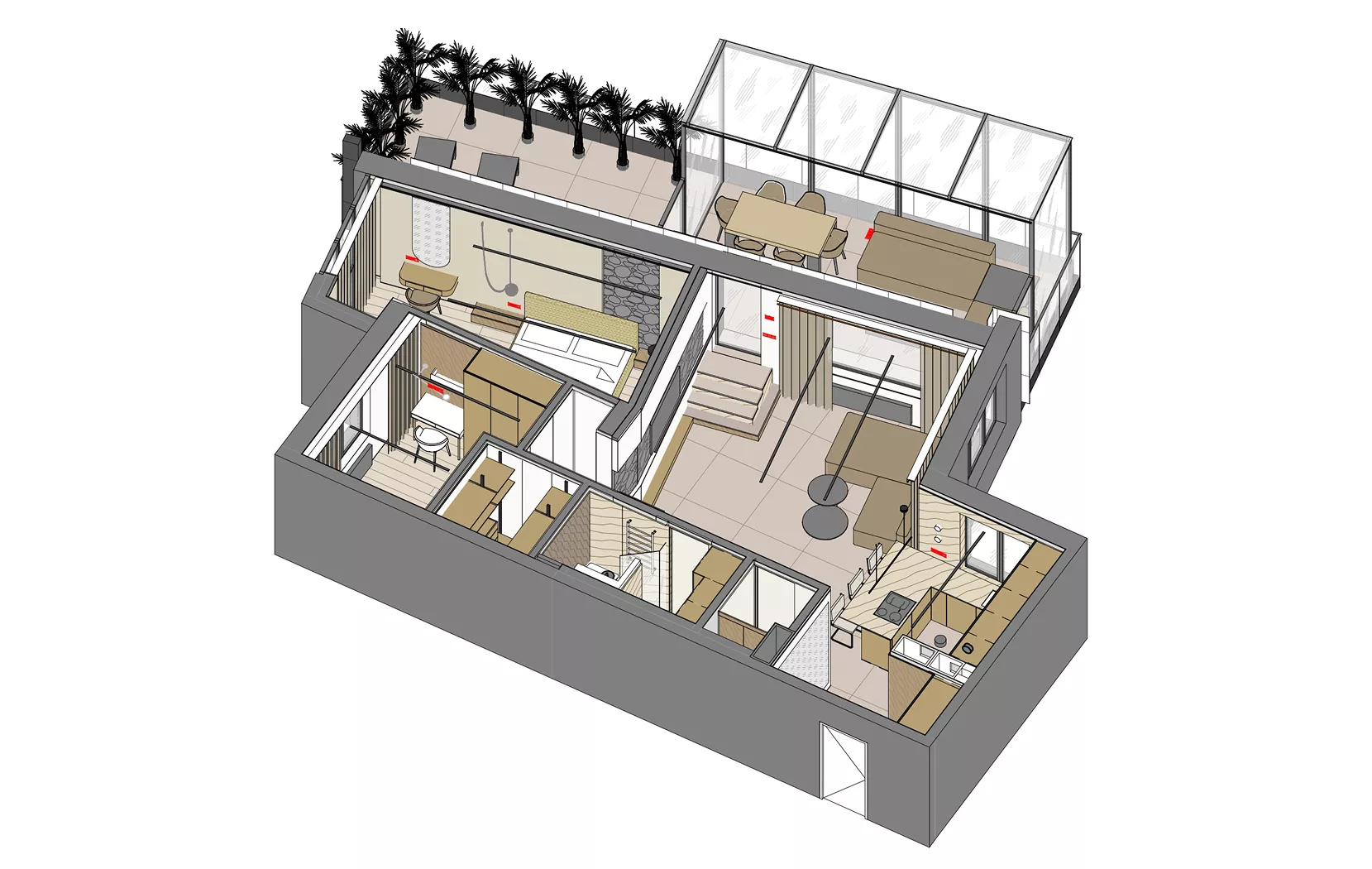 3D Floor Plan Rendering Services isometric apartment with terrace, kitchen, and bedrooms