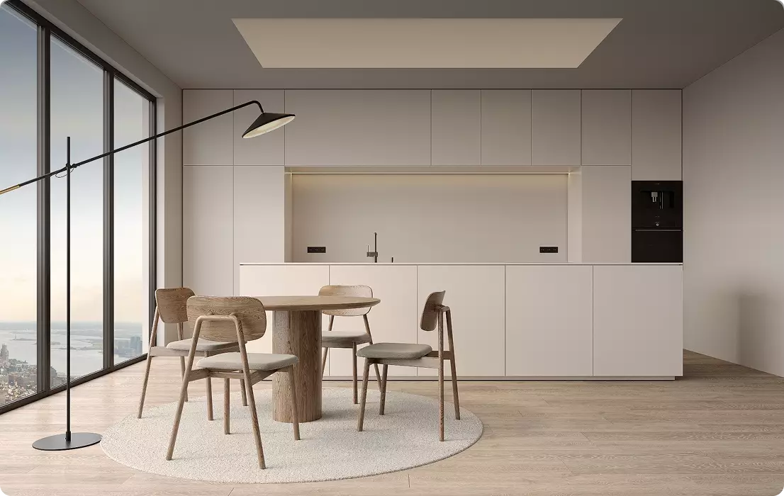 Minimal kitchen and dining area with round table and chairs, large windows, 3d furniture rendering