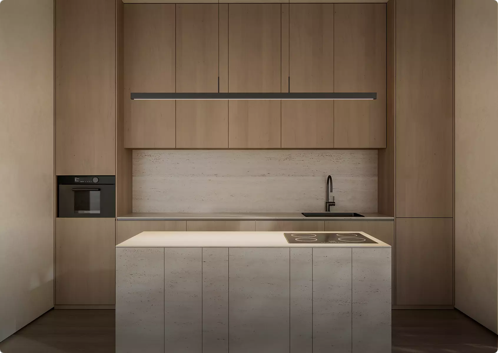 Minimal wood kitchen with island, integrated cabinets, and linear pendant light, 3d furniture rendering