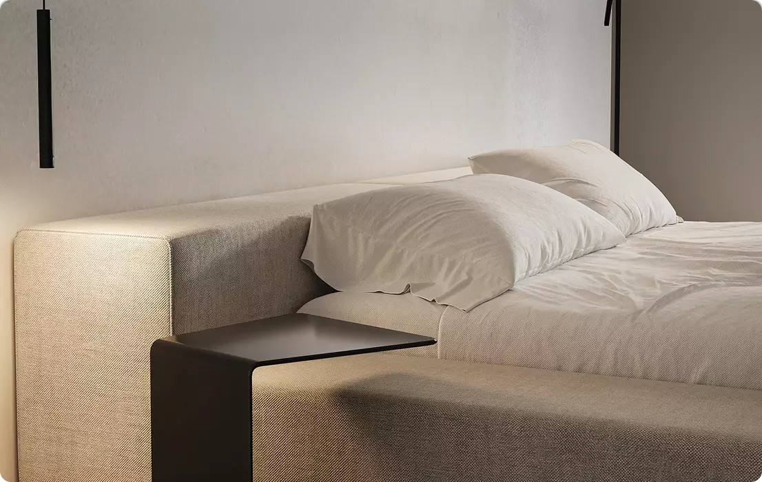 Upholstered bed with pillows and side table in minimal bedroom, soft lighting, 3d furniture rendering