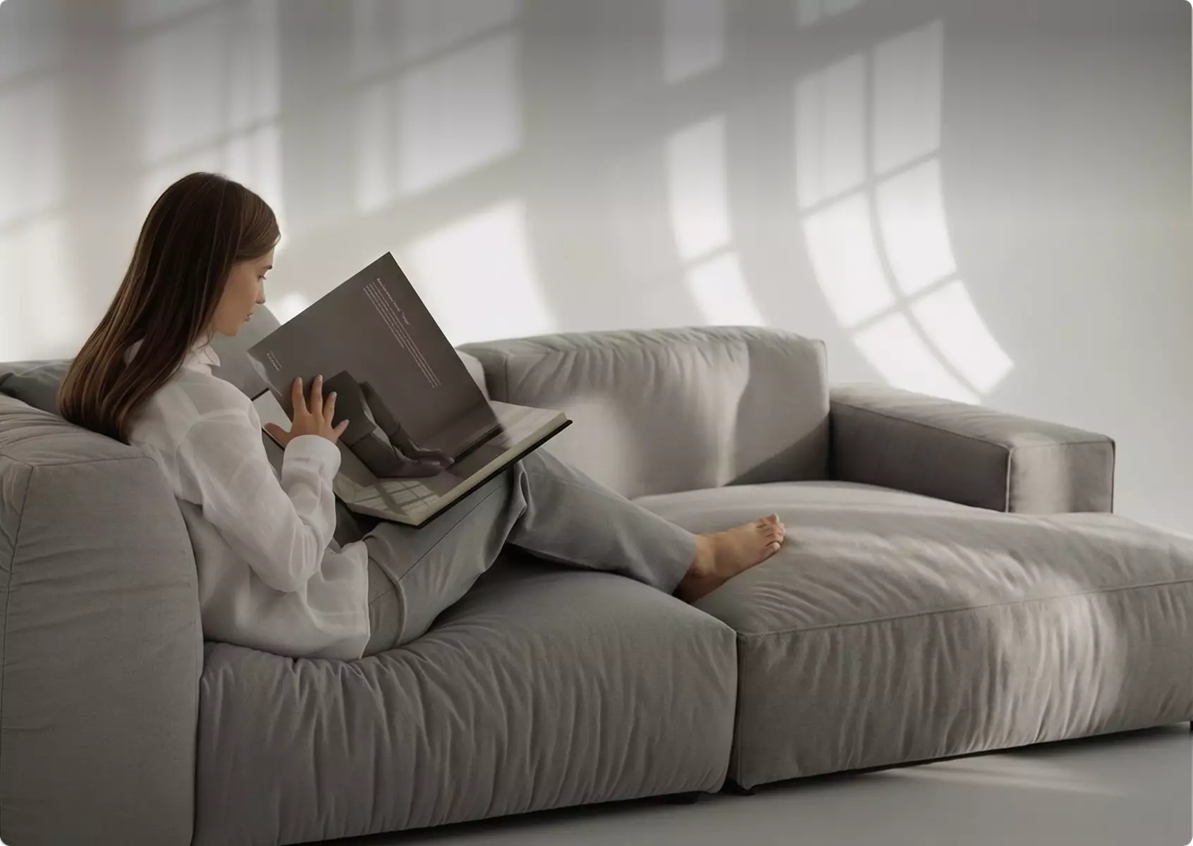 Woman reading book on soft sectional sofa in bright living room with window shadows, 3d furniture rendering