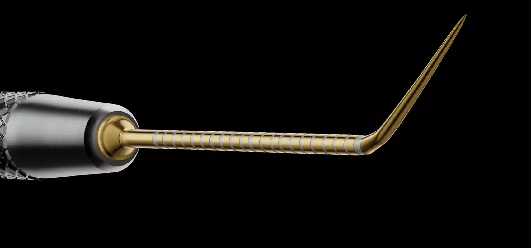 Dental tool tip in 3d medical animation video on black background with gold angled instrument detail