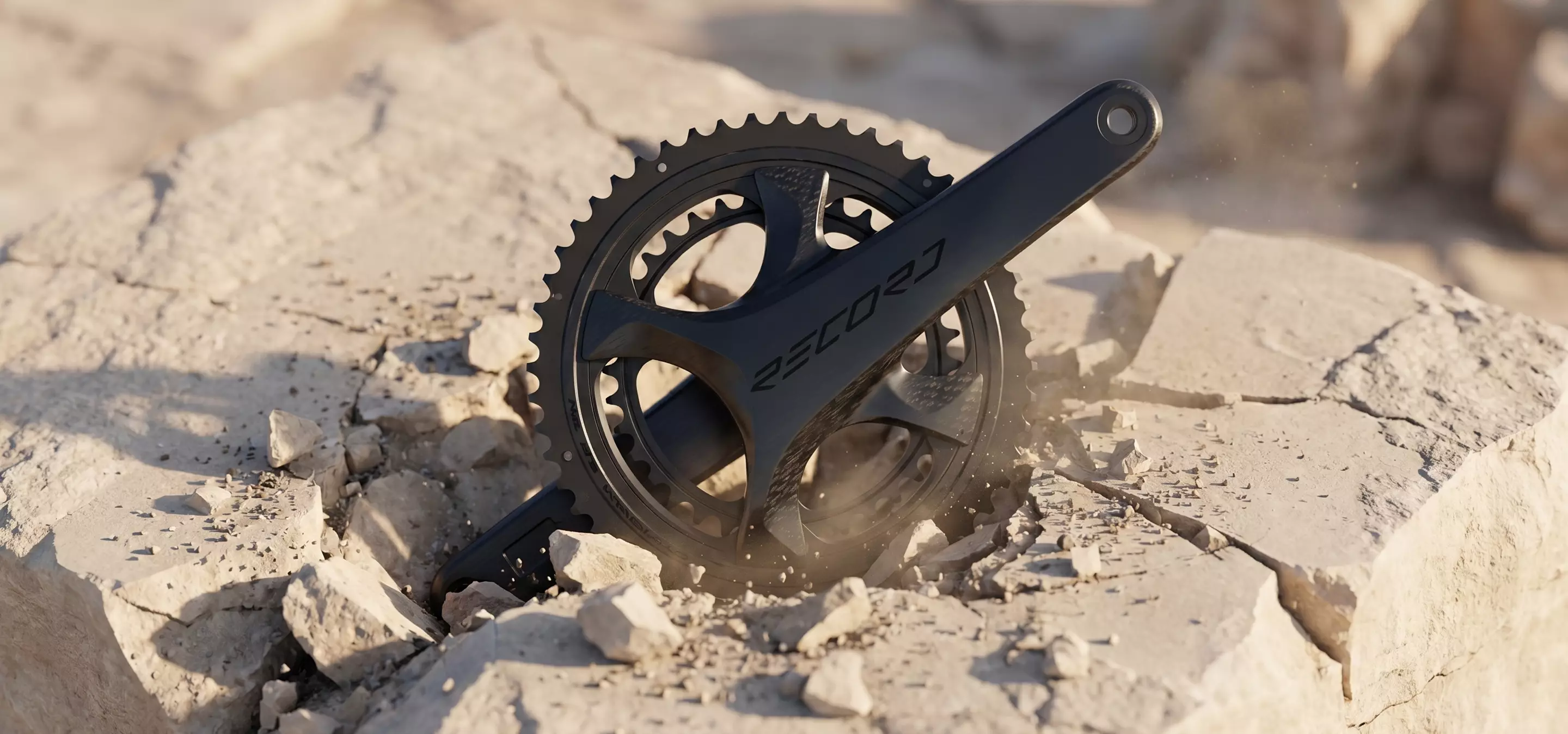 3D product animation of black bicycle crankset embedded in broken stone with dust and debris