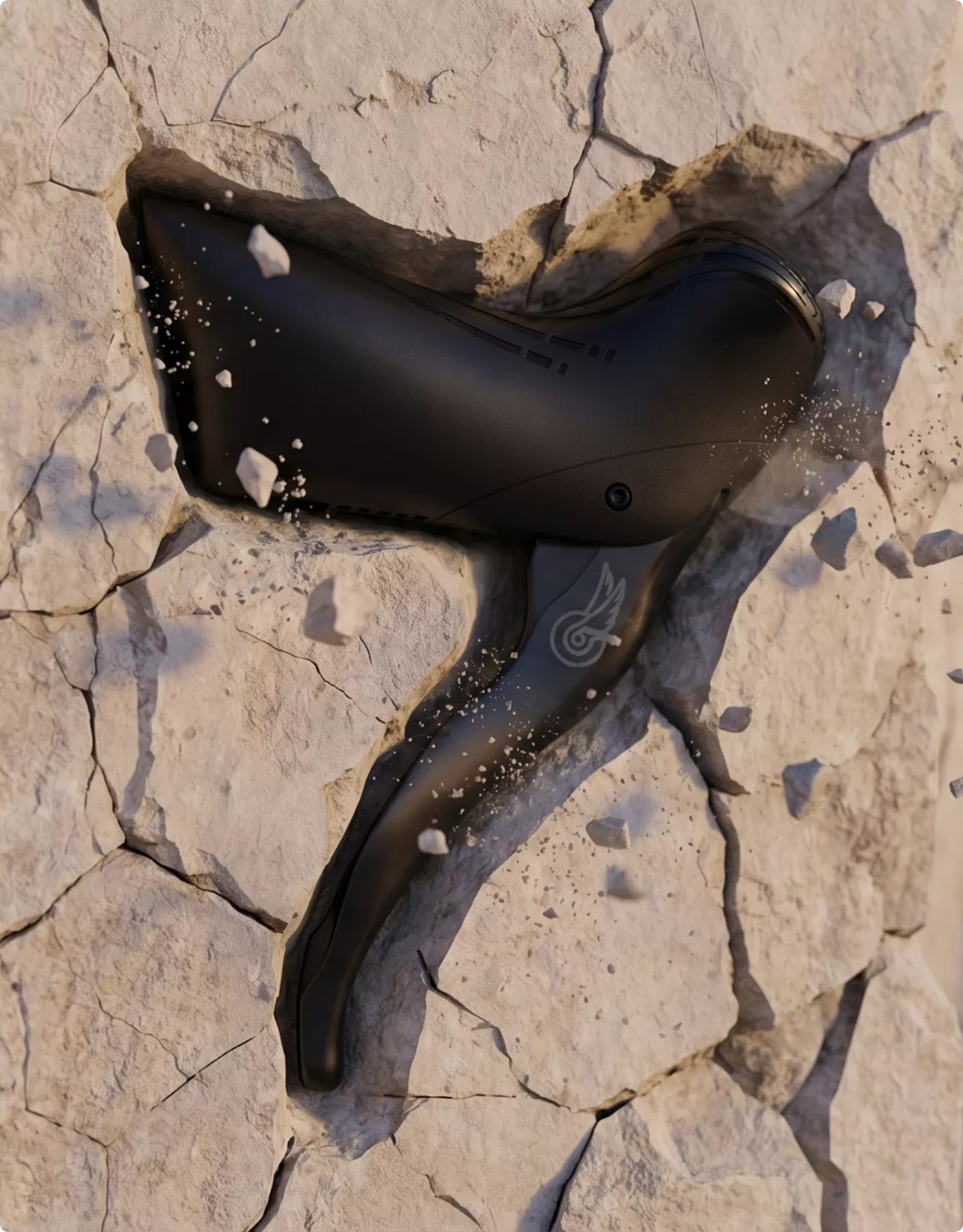 Black handheld device breaking through cracked stone in 3D Product Animation Portfolio render