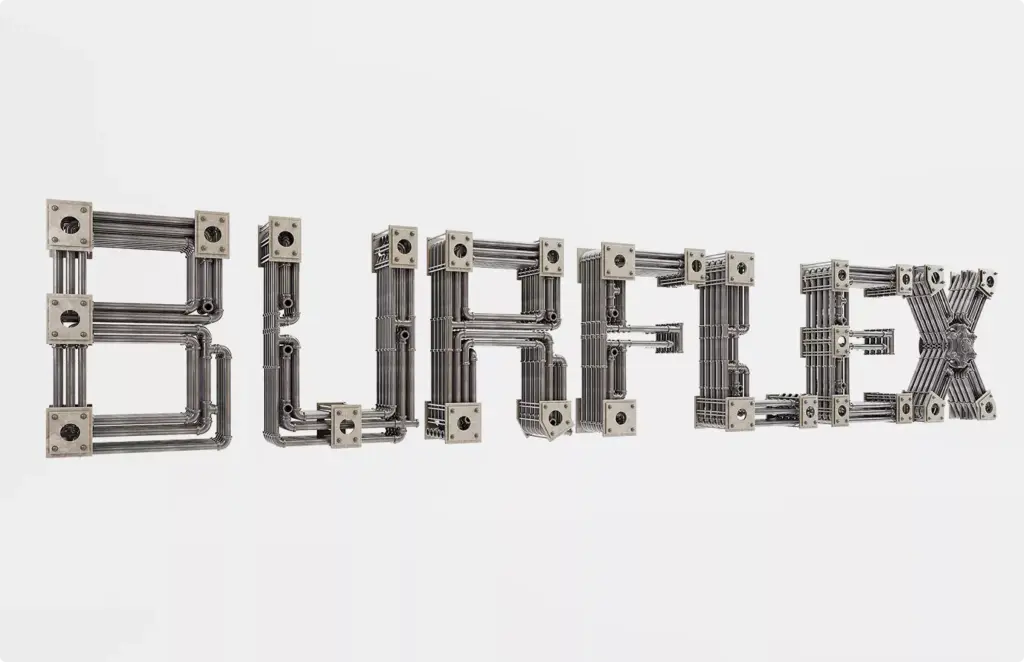 Buffer text made of pipes and bolts on white background, 3d product modeling typography design