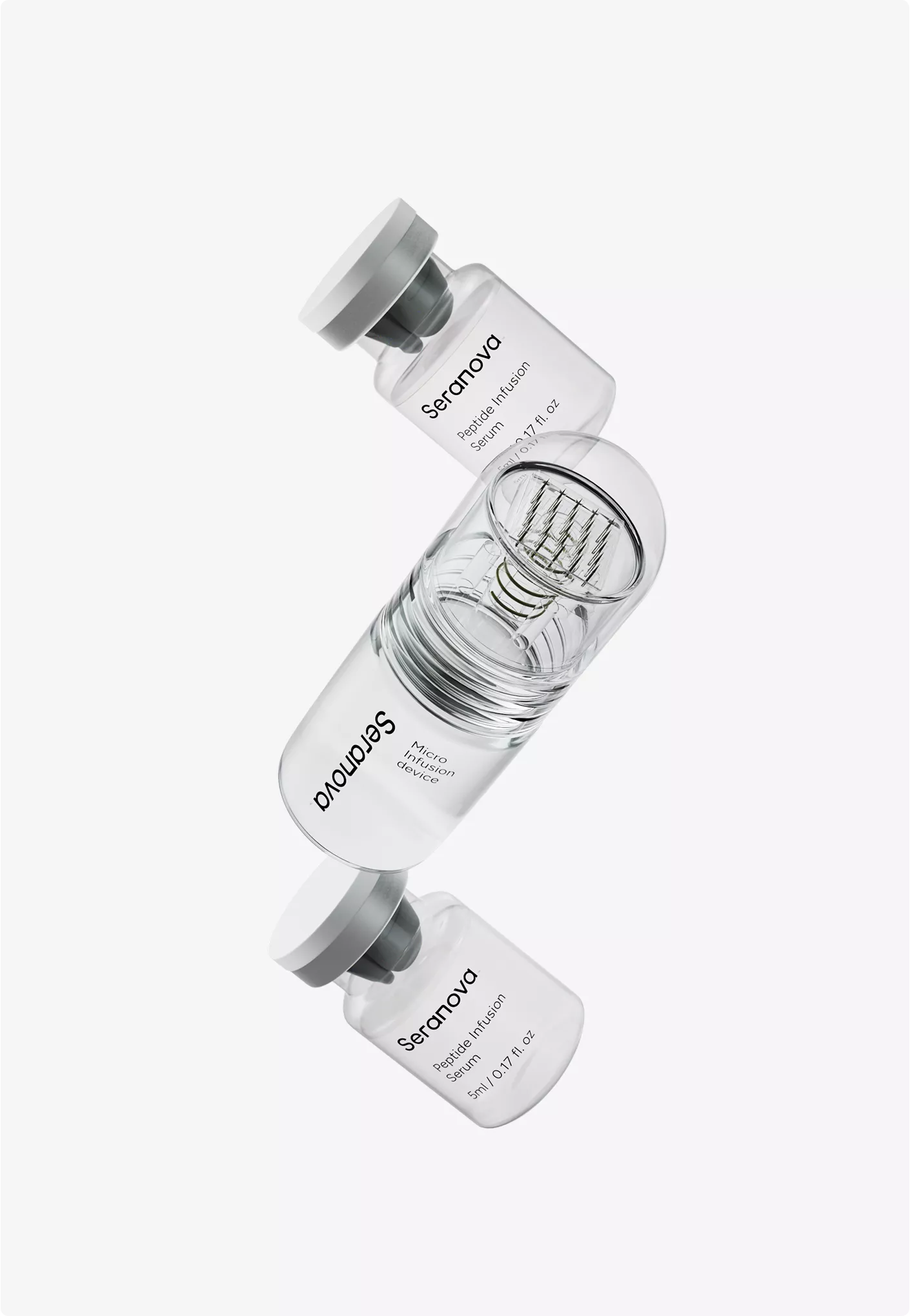 Microneedle serum device render with glass vials for 3D Product Modeling Portfolio