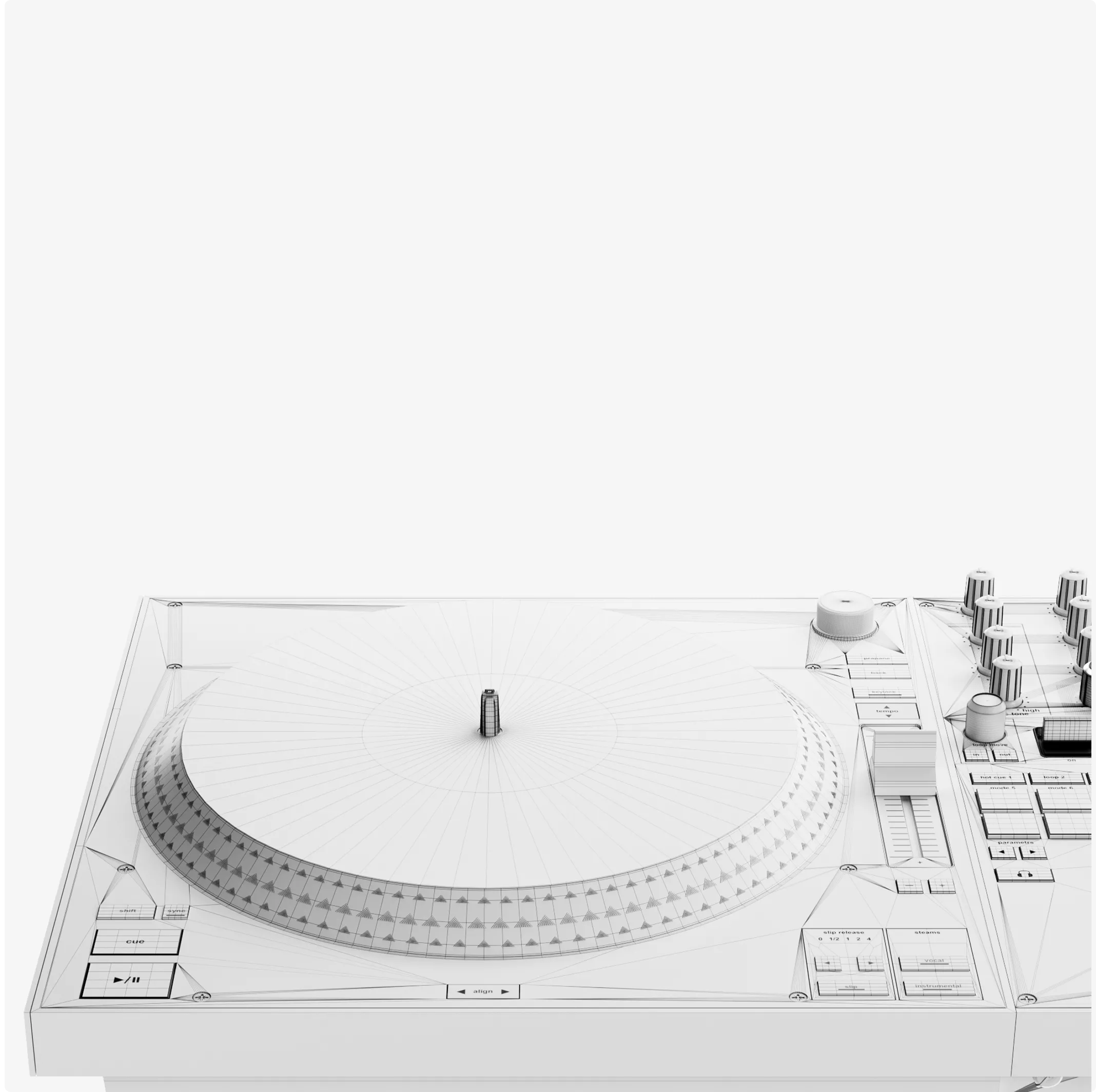 Wireframe DJ controller turntable close-up for 3D Product Modeling Portfolio