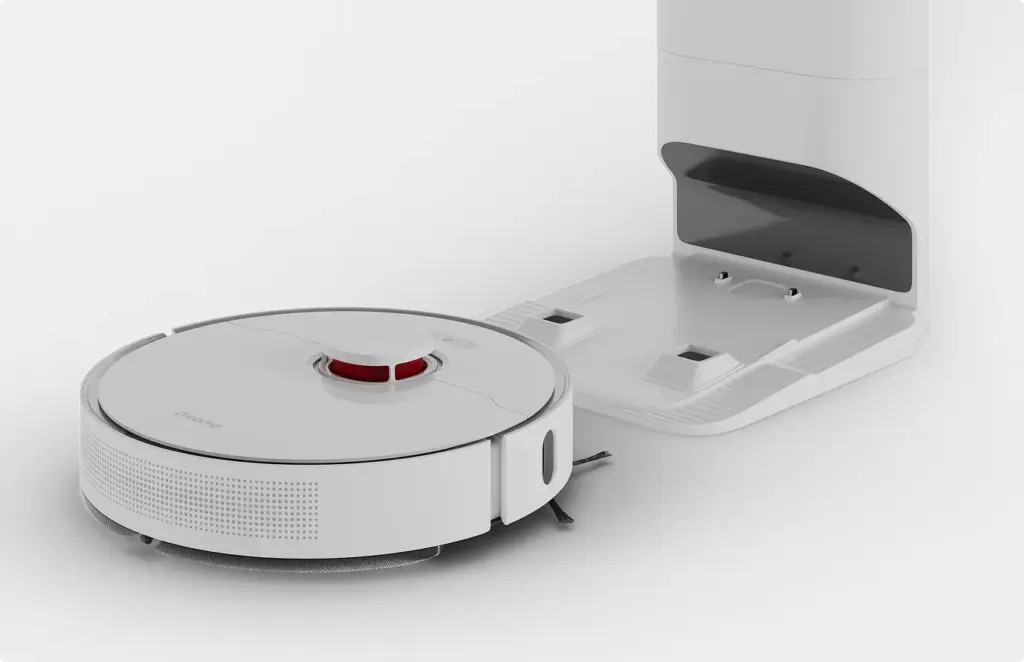 Robot vacuum and charging dock in clean studio, 3d product modeling product render