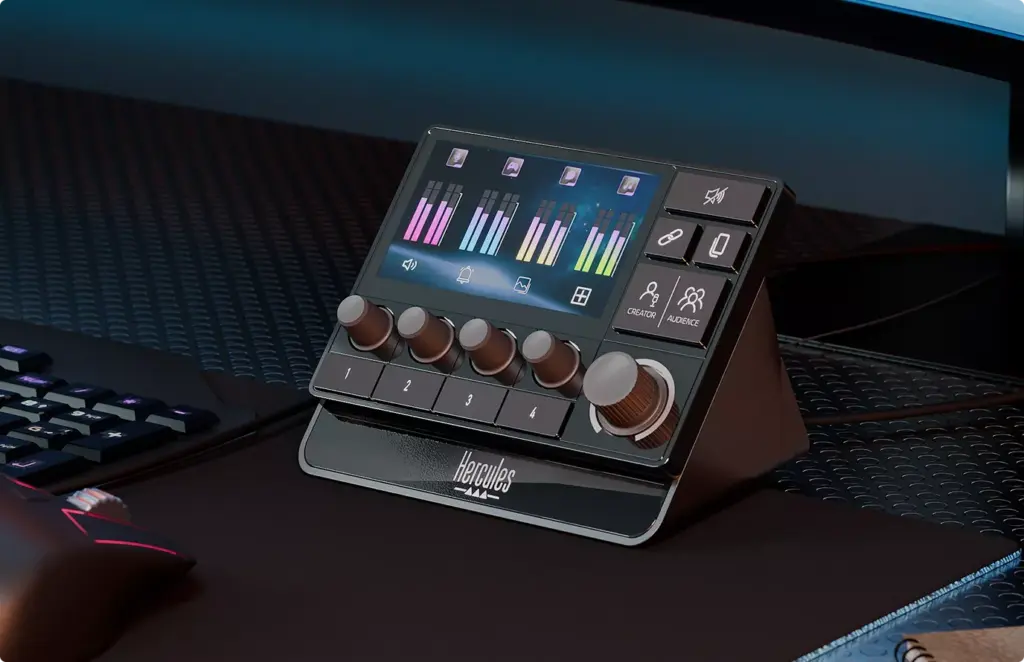Audio control panel with knobs and display on desk, 3d product rendering control device