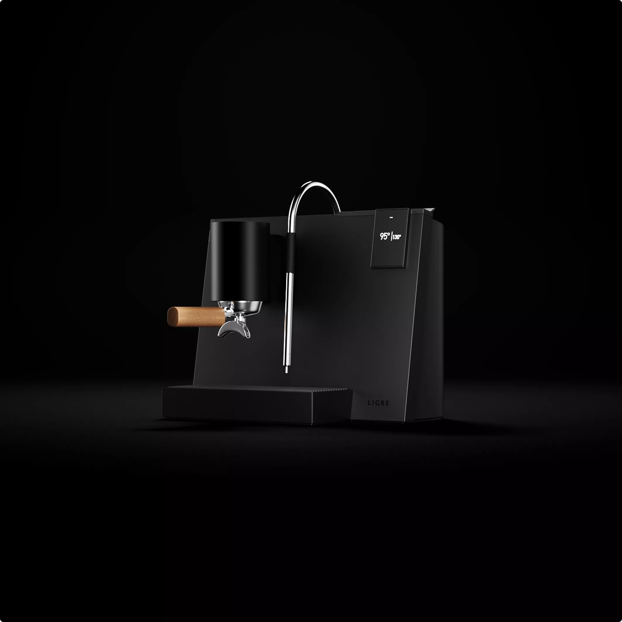 3D Product Rendering of matte black espresso machine with chrome spout and digital display