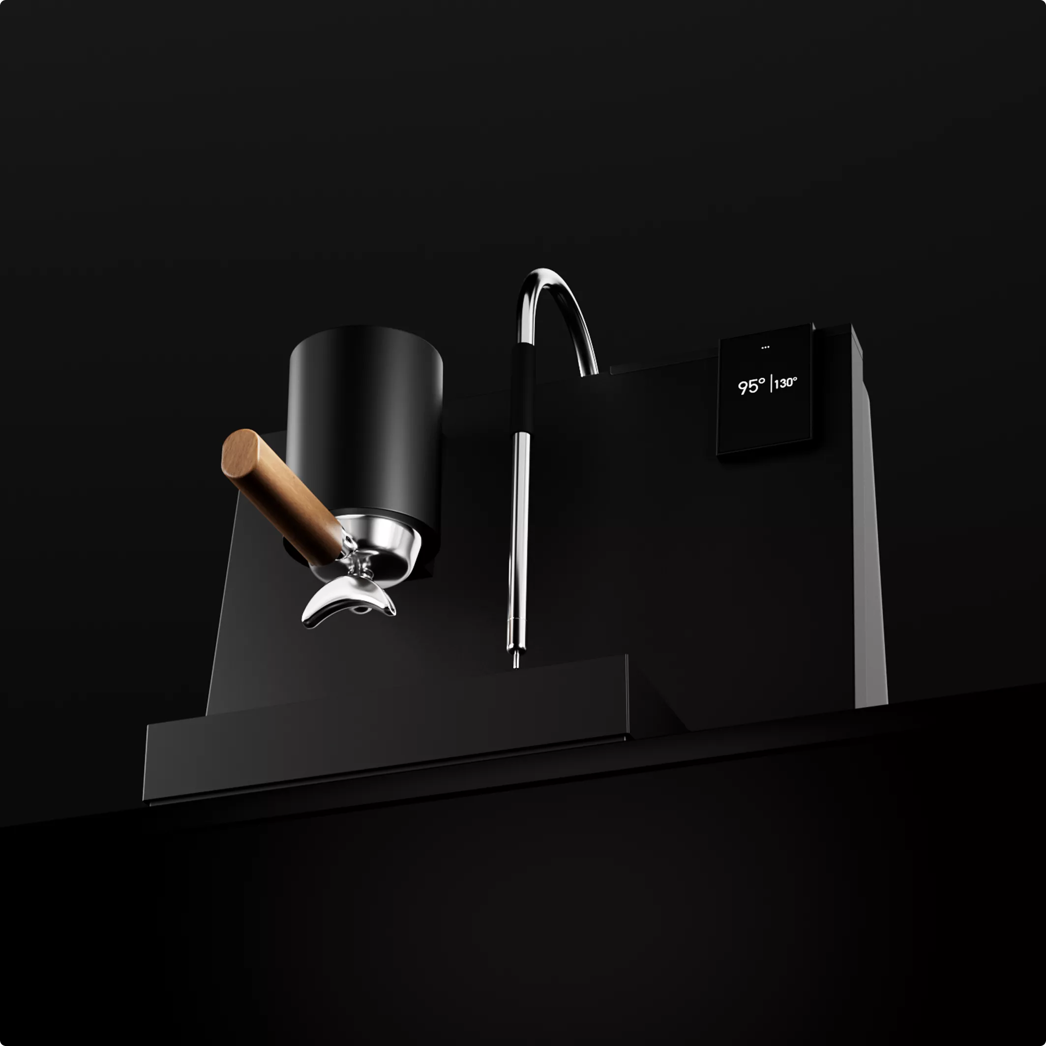 3D Product Rendering of black espresso machine with wood handle and chrome steam wand