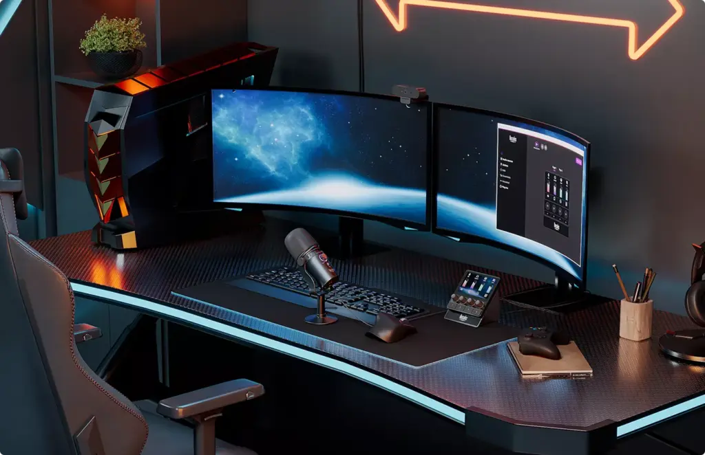 Gaming desk with dual monitors, pc tower and microphone, 3d product rendering workspace setup