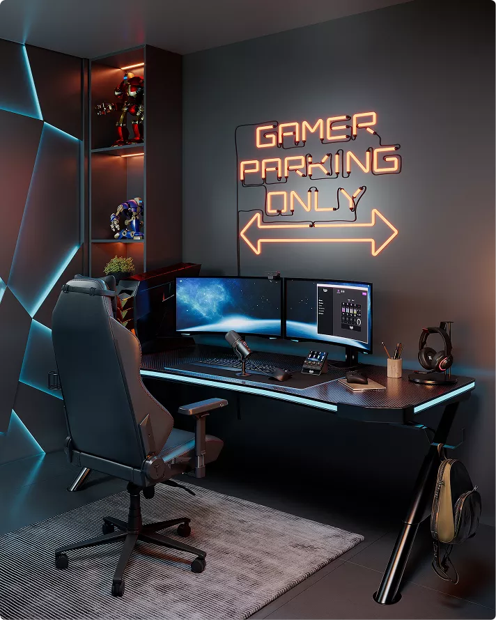 Gaming room with desk, neon sign and chair, 3d product rendering workspace interior