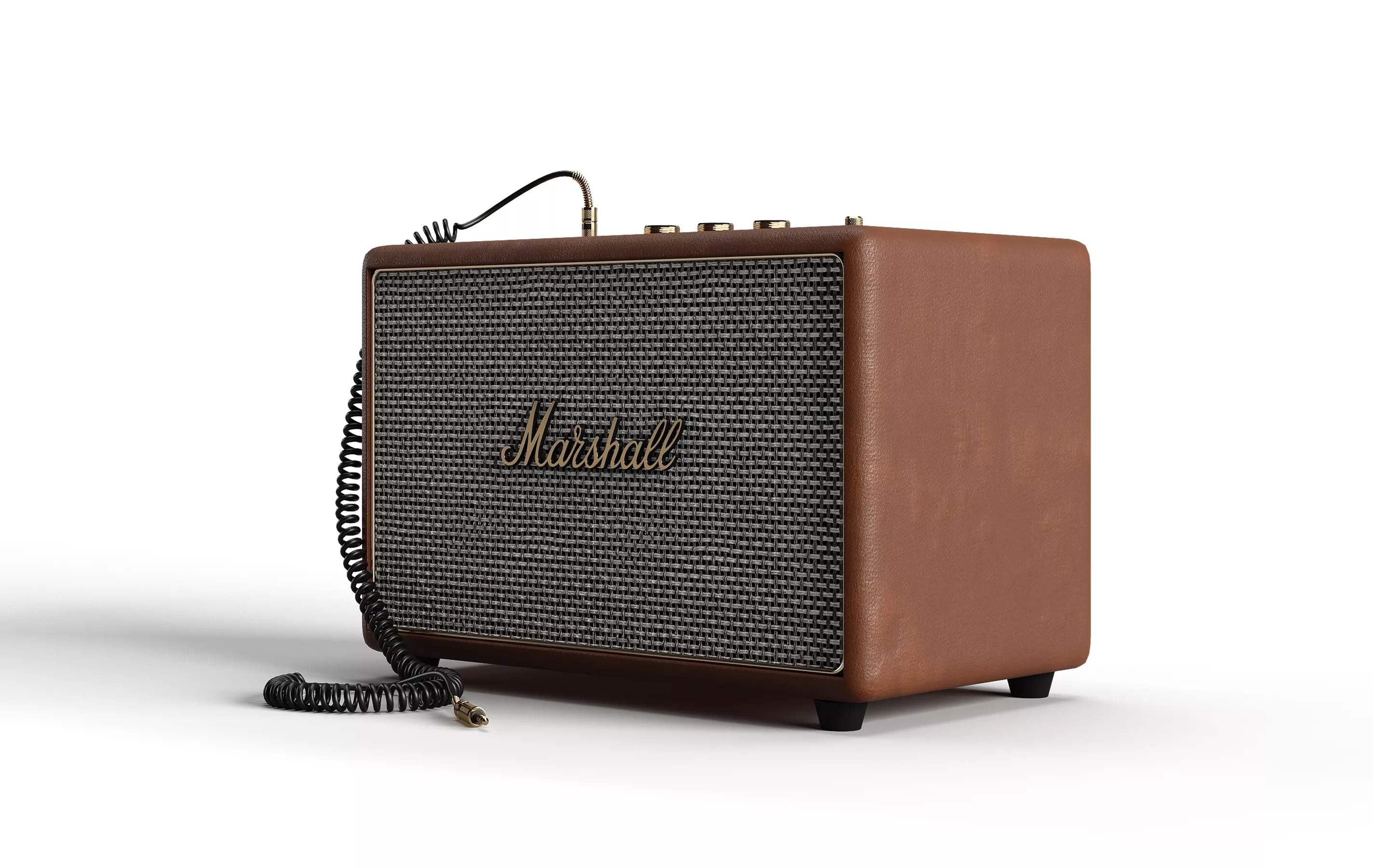 3D Product Rendering of Marshall speaker angled view with coiled audio cable