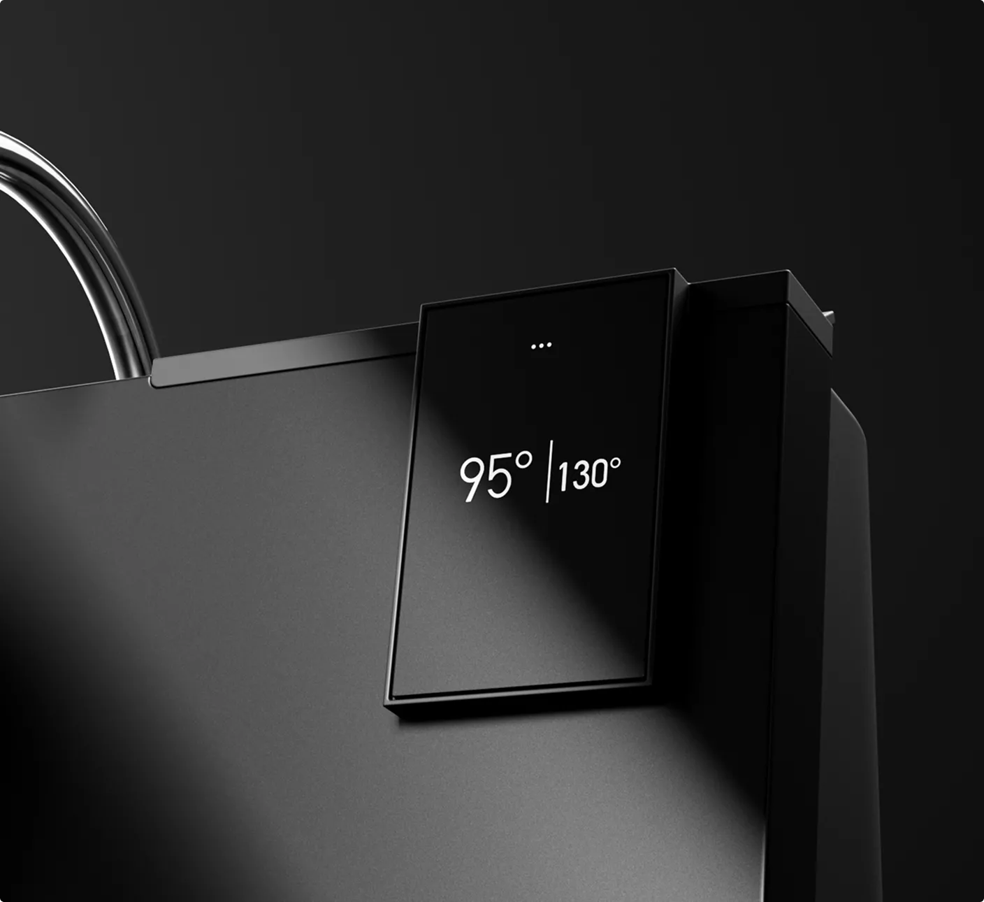 3D Product Rendering close-up of black digital temperature display on espresso machine