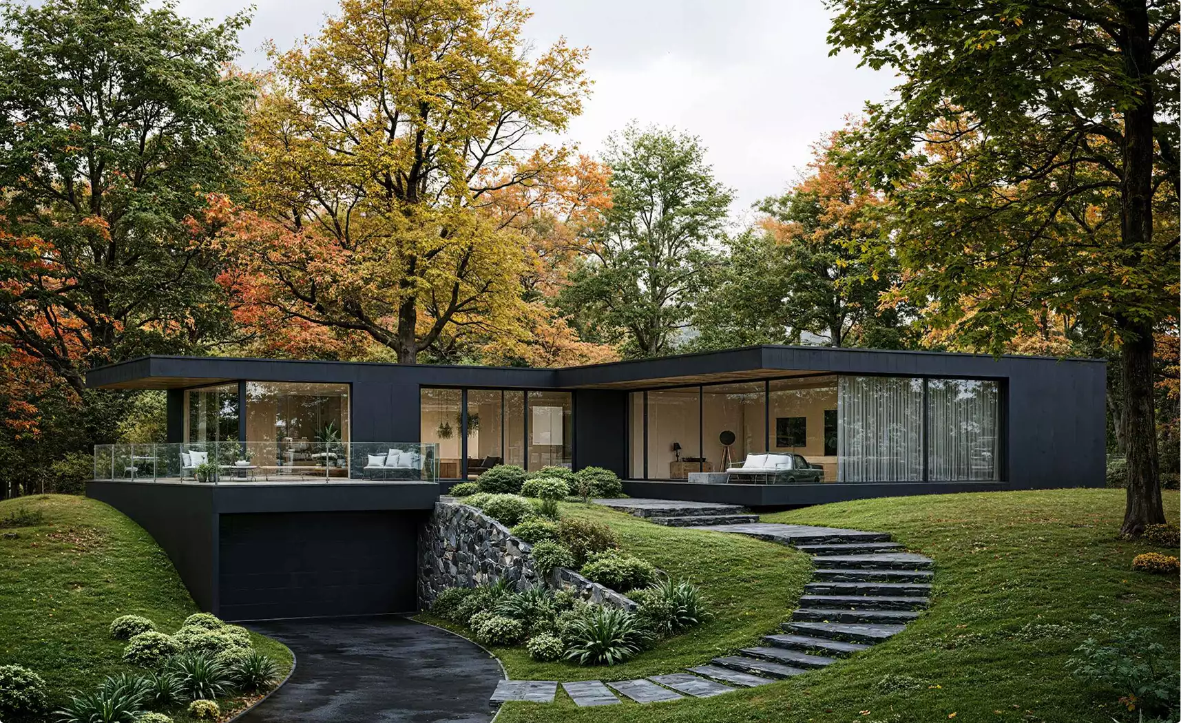 3d rendering for building permit with modern house, driveway, parked car and terraced garden