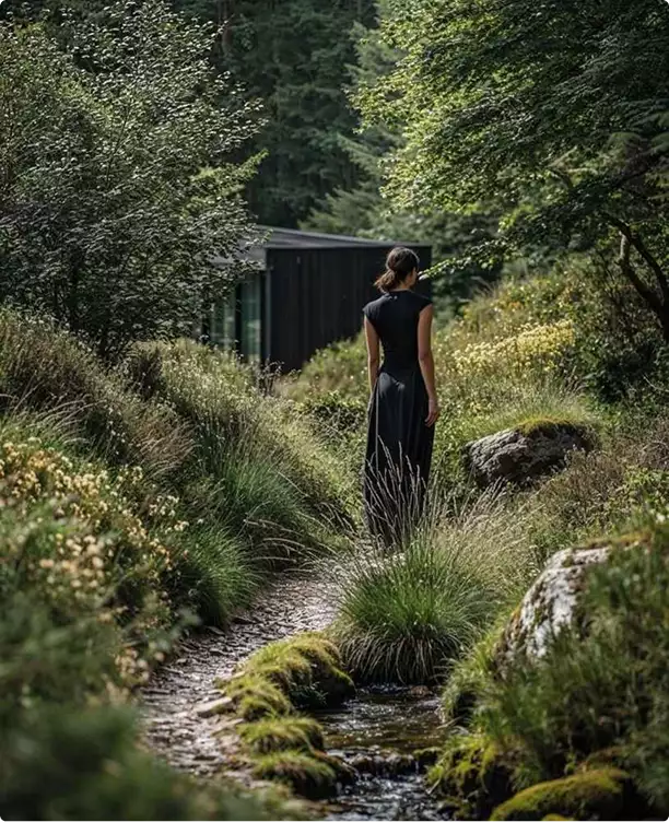 Woman walking in nature near 3d rendering for building permit with small dark cabin and stream