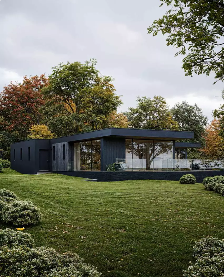 Side view 3d rendering for building permit with glass railing, black facade and open lawn